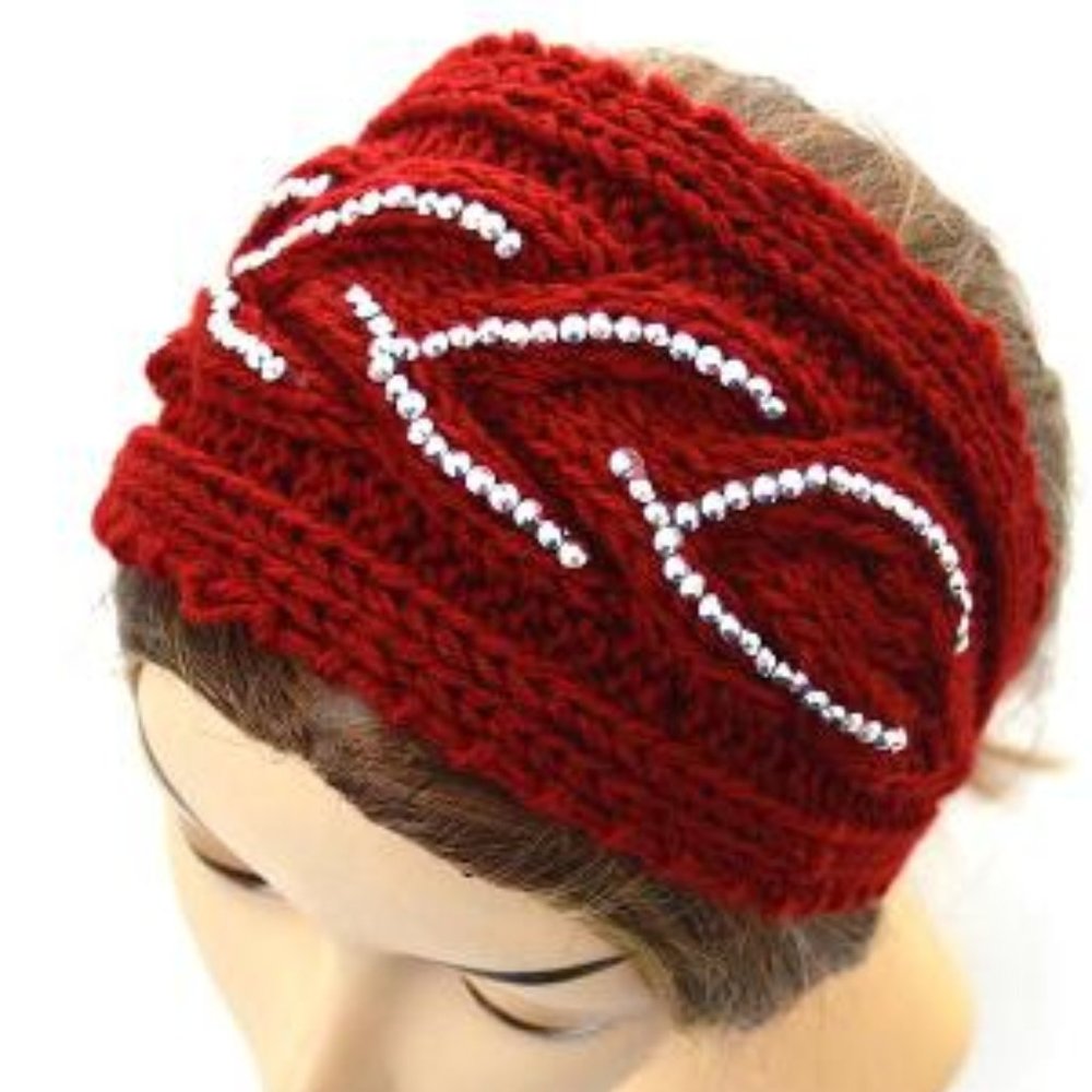 Red Rhinestone Studded Head Wrap/Ear Warmer With Button Clasp
